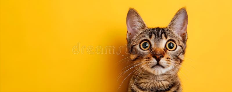 Überraschte junge Katze mit großen Augen, die neugierig auf gelbe Kulisse blickt. Begriff Tier lizenzfreie abbildung