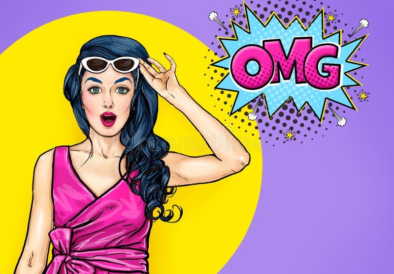 Überraschte junge sexy Frau mit offenem Mund in der Sonnenbrille in der komischen Art Überraschte Dame, die OMG sagt vektor abbildung Überraschte junge sexy Frau mit offenem Mund in der Sonnenbrille in der komischen Art Überraschte Dame, die OMG sagt vektor abbildung