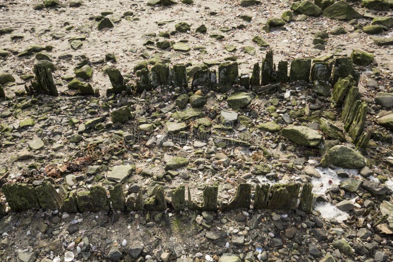 Überreste des Piers am Silber versandet Strand in Milford, Connecticut lizenzfreie stockfotos Überreste des Piers am Silber versandet Strand in Milford, Connecticut lizenzfreie stockfotos