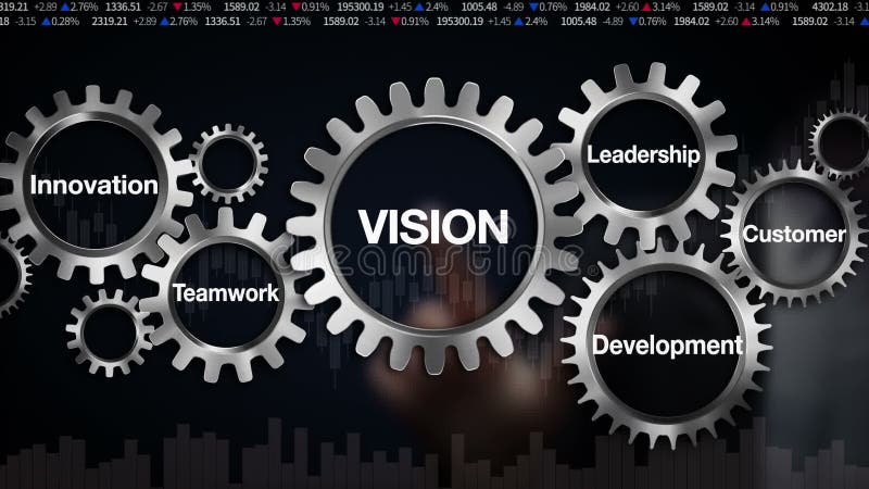 Übersetzen Sie mit Schlüsselwort, Innovation, Entwicklung, Teamwork, Führung, Kunde GeschäftsmannTouch Screen 'VISION'