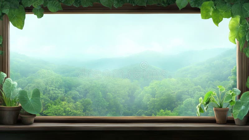 üppig grüne Aussicht auf die Berge, umrahmt von einem Holzfenster vektor abbildung