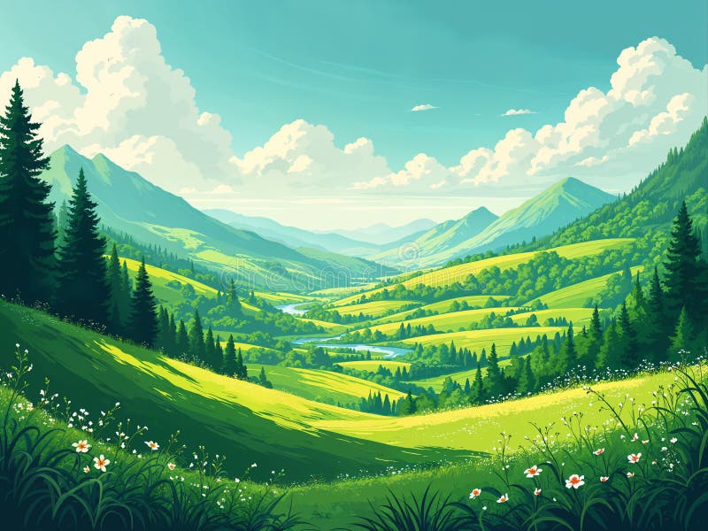 üppig grüne Landschaft mit Ebenen von Feldern und Wiesen vektor abbildung