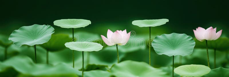 üppig grüne Lotusblätter und zarte rosa Blumen schaffen eine ruhige Atmosphäre lizenzfreie abbildung