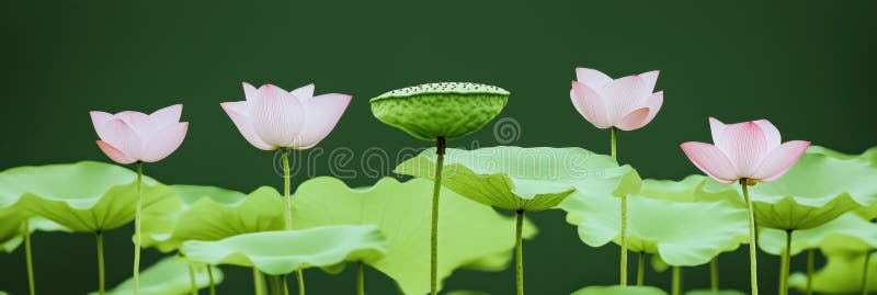 üppig grüne Lotuspflanzen mit rosa Blumen und Samenblüten schaffen eine ruhige Atmosphäre vektor abbildung