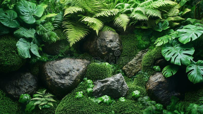 üppig grüne Regenwaldpflanzen und Felsen schaffen eine ruhige Naturlandschaft. ai generative stock abbildung