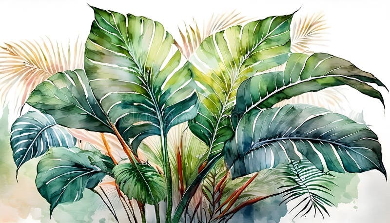 üppig grüne tropische Blätter mit Aquarelltexturen schaffen eine lebendige botanische Darstellung stock abbildung