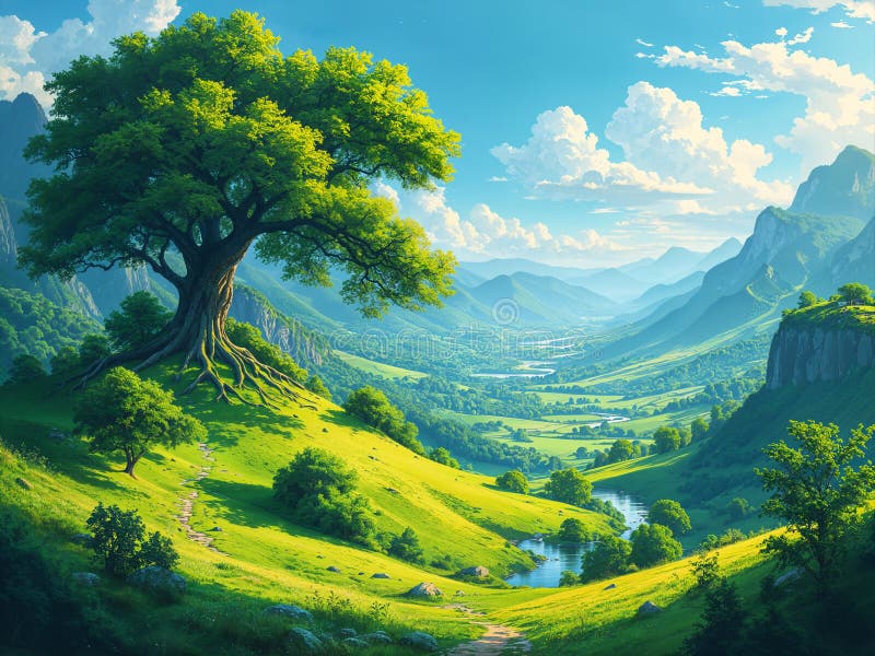 üppige grüne Landschaftsdarstellung mit einem riesigen Baum stock abbildung