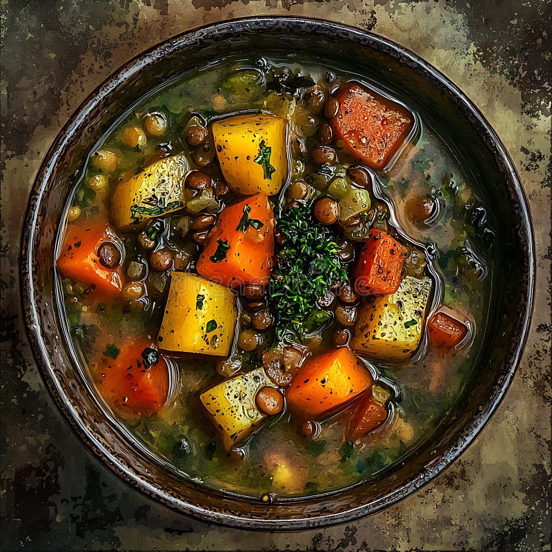 üppige Linsensuppe mit Gemüse in Schüssel stock abbildung