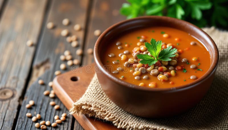üppige Linsensuppe in rustikaler Schüssel. Farbkräuter aus Gemüse. Suppe köstlich. perfekt für eine gesunde Mahlzeit stock abbildung