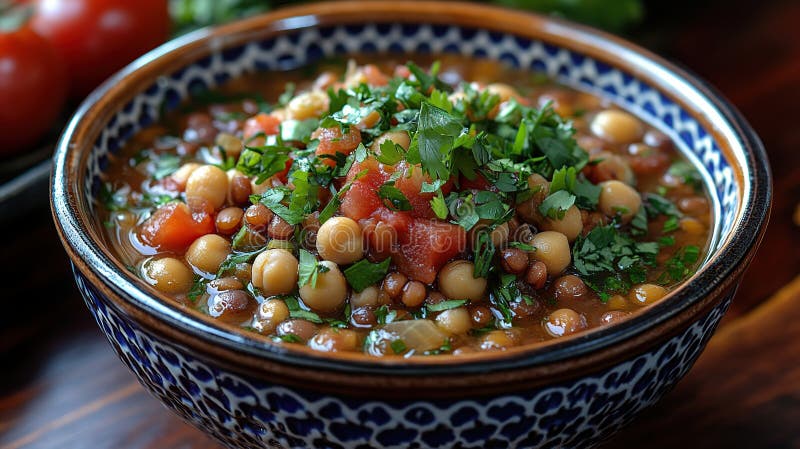 üppige Linsensuppe und Kichererbse in einer dekorativen Schüssel mit frischen Petersilie und gewürzten Tomaten lizenzfreie abbildung