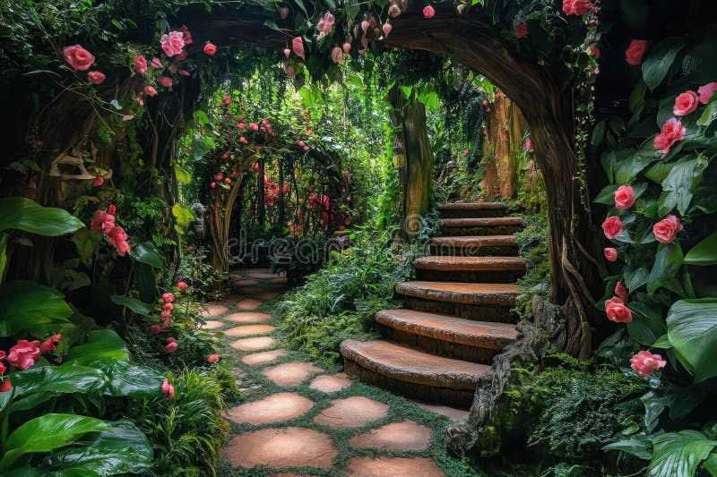 üppiger Gartenweg zu Steintreppen, umgeben von blühenden Blumen stockfotos
