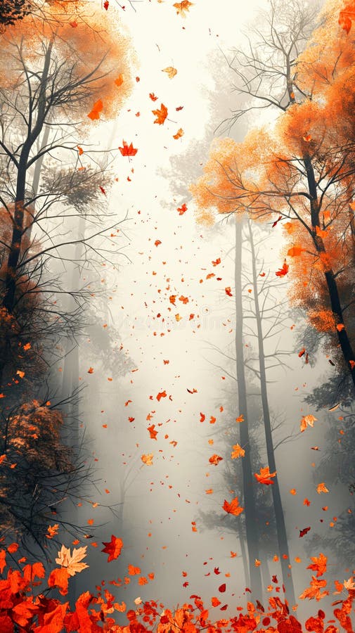 üppiger Herbstwald mit fallenden Blättern und goldenem Blattwerk stock abbildung