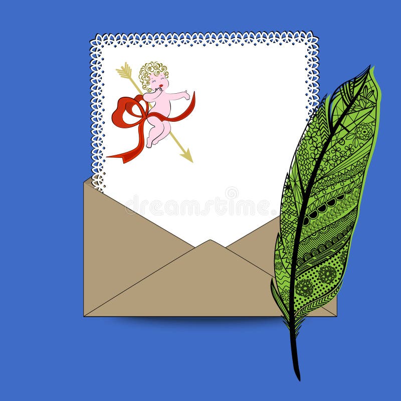 Ładny writing papier z kopertowym amorkiem i piórkiem ilustracja wektor