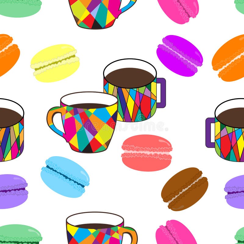 Ładny wzór z mozaiki filiżanką i barwionymi macaroons na bielu plecy ilustracja wektor Ładny wzór z mozaiki filiżanką i barwionymi macaroons na bielu plecy ilustracja wektor