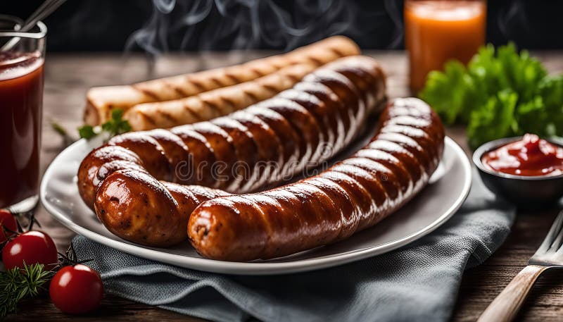 Apetyczne grillowane kiełbaski z sosem pomidorowym ilustracji