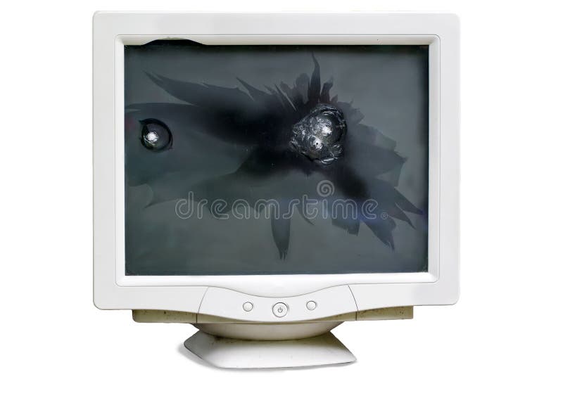Łamający strzałów pocisków CRT komputerowy monitor odizolowywający obrazy stock