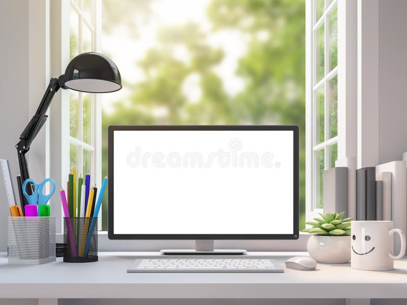 Łatwy biały pracujący biurko z pustym komputerowym monitoru ekranu 3d renderingu wizerunkiem ilustracja wektor
