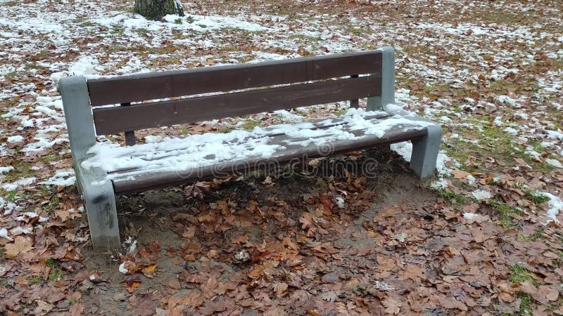 ławka jesiennego parku pokryta pierwszym śniegiem