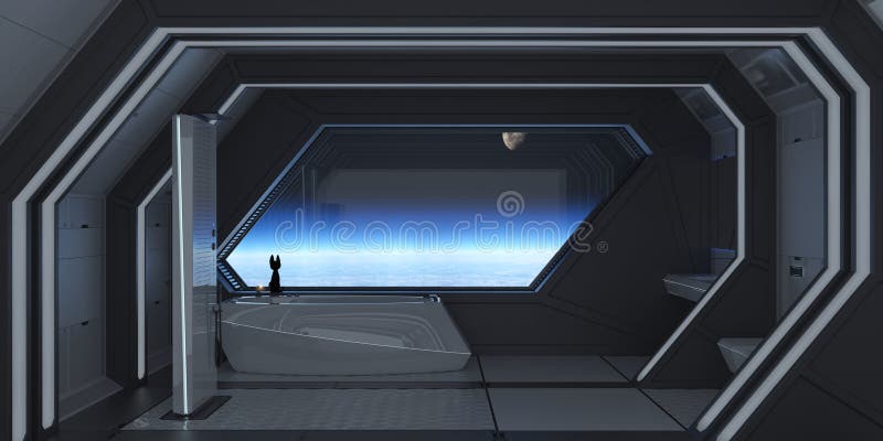 łazienka futurystycznego statku kosmicznego z widokiem na Ziemię i Księżyc. łazienka z futurystycznym statkiem kosmicznym z widokiem na planetę, a księżyc zawiera kota i małego drona.