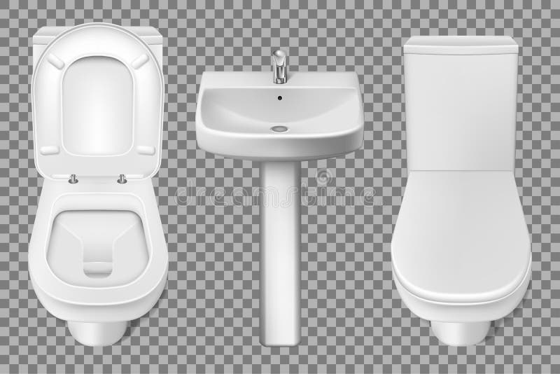 Bathroom interior toilet and washbasin realistic mockup. Closeup look at white toilet bowl and bathroom sink. 3d vector illustration isolated on transparent background EPS 10. Bathroom interior toilet and washbasin realistic mockup. Closeup look at white toilet bowl and bathroom sink. 3d vector illustration isolated on transparent background EPS 10