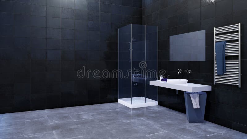 Modern minimalist bathroom interior design with glass walk-in shower and simple ceramic sink against empty black marble tiled wall with copy space. 3D illustration from my own 3D rendering file. Modern minimalist bathroom interior design with glass walk-in shower and simple ceramic sink against empty black marble tiled wall with copy space. 3D illustration from my own 3D rendering file.