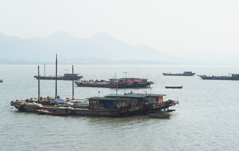 Hill and lake scenery with boats (China). Hill and lake scenery with boats (China)