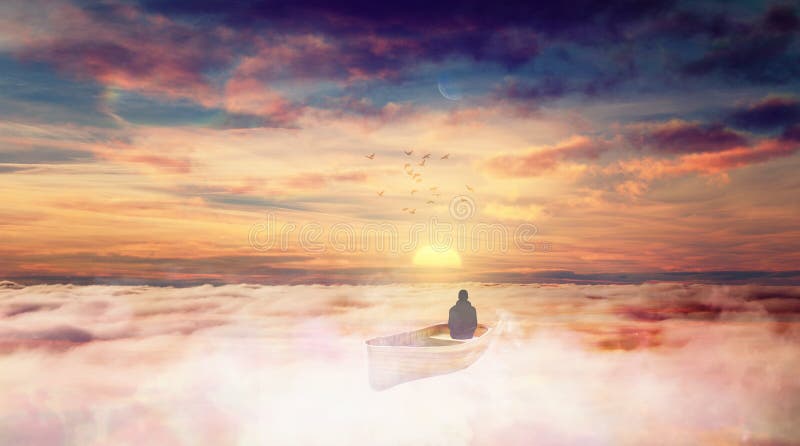 łódź do nieba ponad chmurami dusza wędruje do jasnego nieba droga do boga