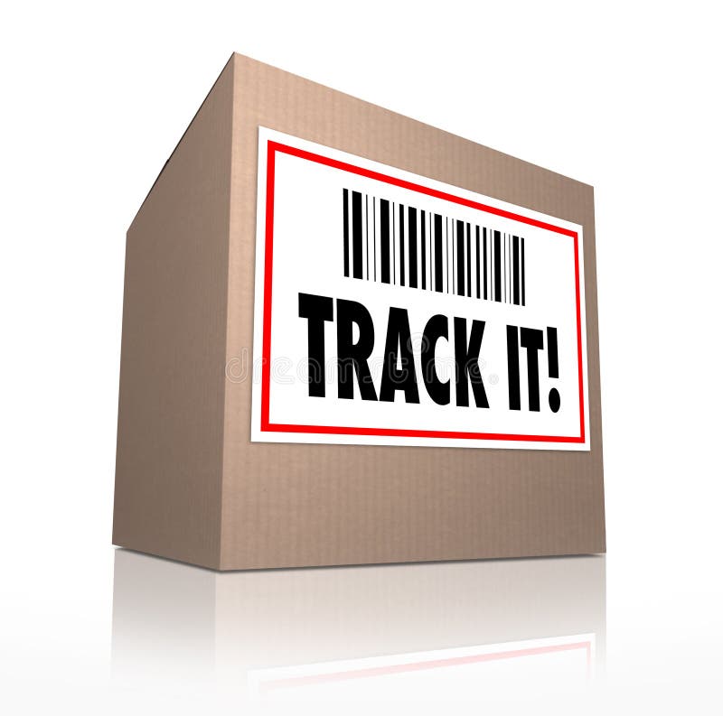 The words Track It with barcode on a package shipment label to trace the shipment of a cardboard box shipped in the mail or by courier. The words Track It with barcode on a package shipment label to trace the shipment of a cardboard box shipped in the mail or by courier