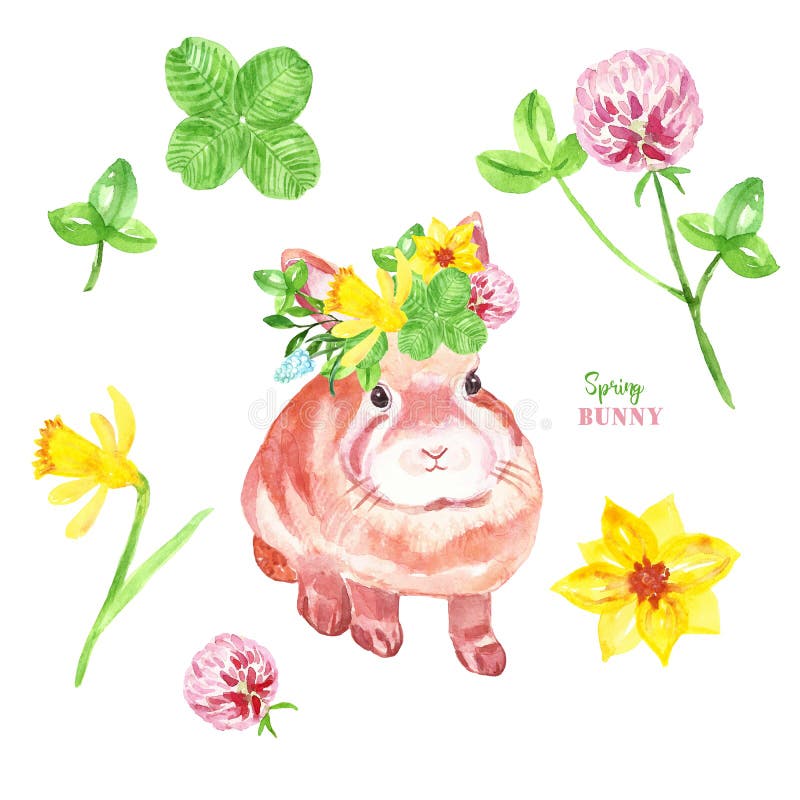 Śliczna akwarela królika ilustracja Wręcza malującego dziecko królika w kwiat koronie ustawiających kolorowych kwiatach i, ilustracja wektor Śliczna akwarela królika ilustracja Wręcza malującego dziecko królika w kwiat koronie ustawiających kolorowych kwiatach i, ilustracja wektor
