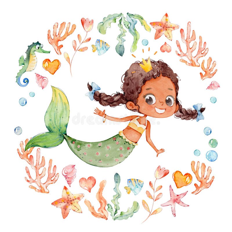 Cute African American Watercolor Mermaid Surrounded by Frame of sea elements, Sea Horse, corals, bubbles, seashells, anchor, seaweeds. Ocean Kit. Young Underwater Woman Nymph Grace Mythology Princess. Mythical Aquatic Isolated Baby Siren Painting. Cute African American Watercolor Mermaid Surrounded by Frame of sea elements, Sea Horse, corals, bubbles, seashells, anchor, seaweeds. Ocean Kit. Young Underwater Woman Nymph Grace Mythology Princess. Mythical Aquatic Isolated Baby Siren Painting.