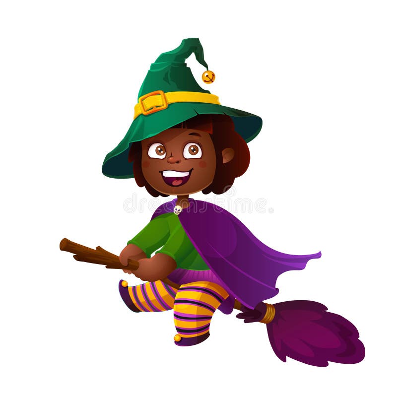 Śliczna amerykanin afrykańskiego pochodzenia dziewczyny czarownica na miotle szczęśliwego halloween sztuczka przysmaki ilustracji Śliczna amerykanin afrykańskiego pochodzenia dziewczyny czarownica na miotle szczęśliwego halloween sztuczka przysmaki ilustracji