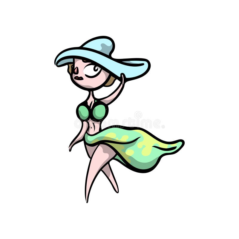 Śliczna blondynki dziewczyna z błękit plaży kapeluszem w zielonym swimwear ilustracja wektor Śliczna blondynki dziewczyna z błękit plaży kapeluszem w zielonym swimwear ilustracja wektor