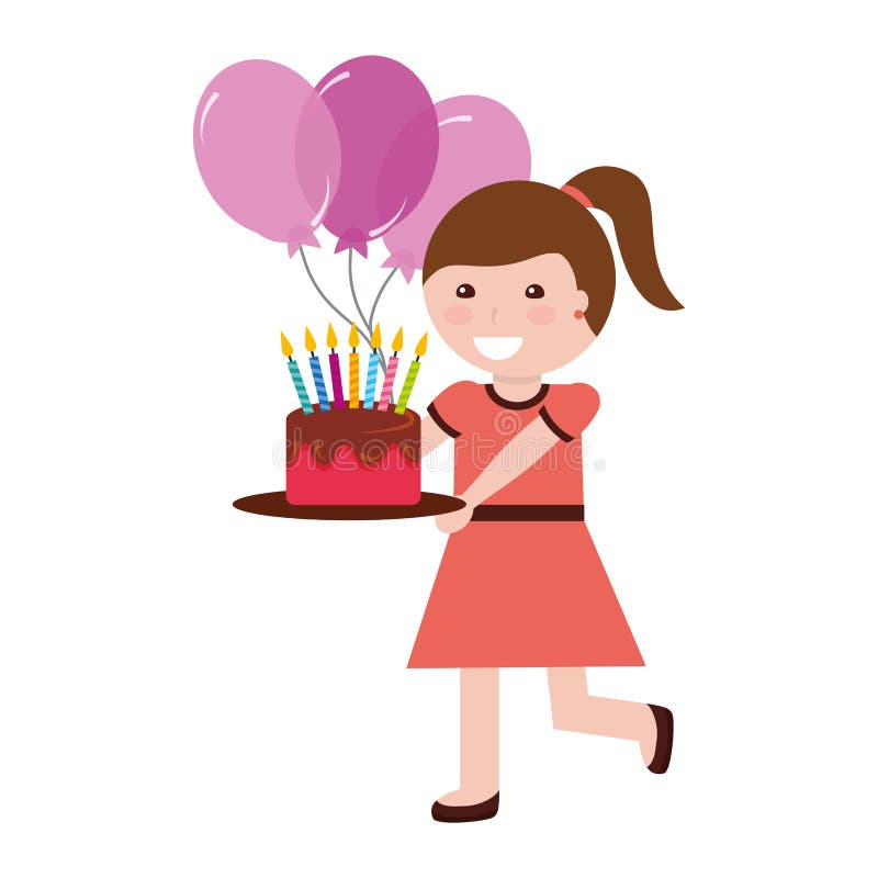 ?liczna dziewczyna trzyma urodzinowego tort z ?wieczkami i balonami ilustracji ?liczna dziewczyna trzyma urodzinowego tort z ?wieczkami i balonami ilustracji