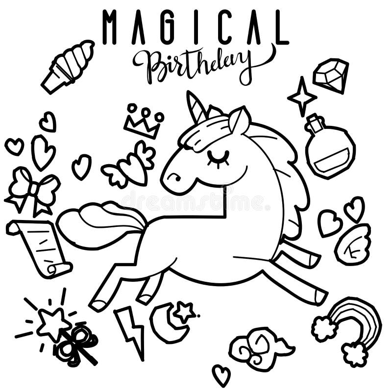 Śliczna jednorożec i konika kolekcja z magicznymi rzeczami, tęcza, czarodziejka uskrzydla, kryształy, chmury, napój miłosny Ręka royalty ilustracja