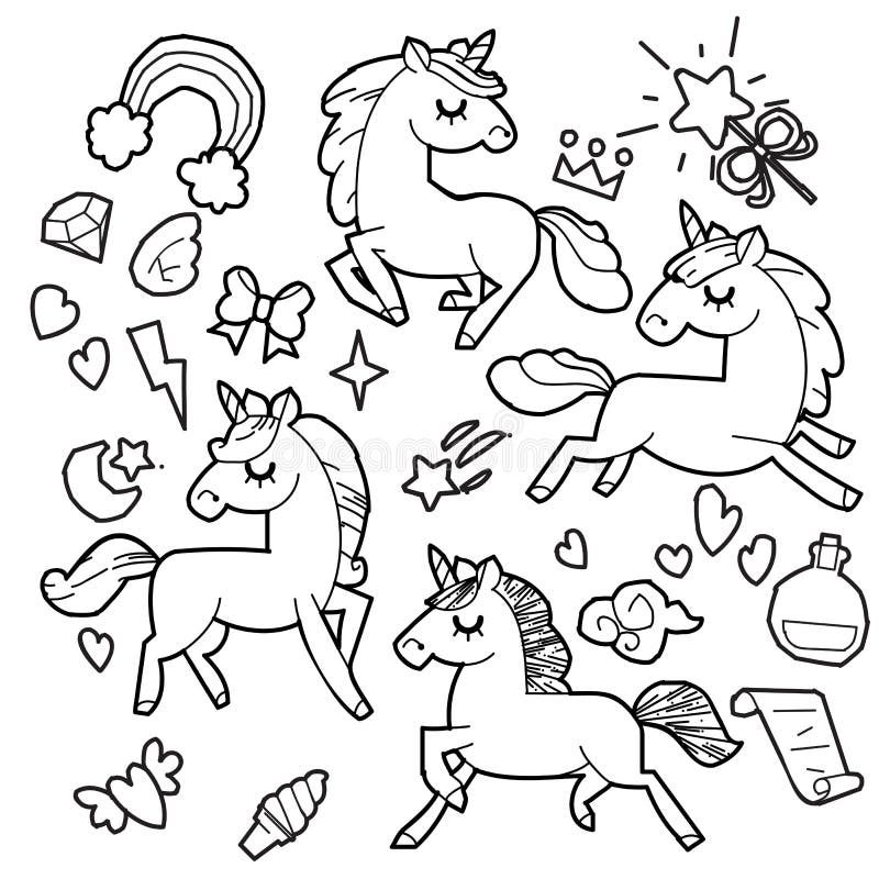 Śliczna jednorożec i konika kolekcja z magicznymi rzeczami, tęcza, czarodziejka uskrzydla, kryształy, chmury, napój miłosny Ręka royalty ilustracja