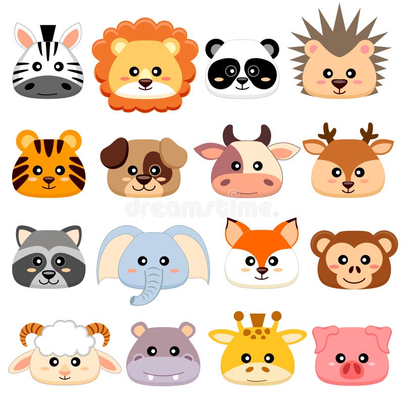 Śliczna kreskówek zwierząt głowa Pies, świnia, krowa, rogacz, lew, cakiel, tygrys, panda, szop pracz, małpa, lis, zebra, żyrafa ilustracji