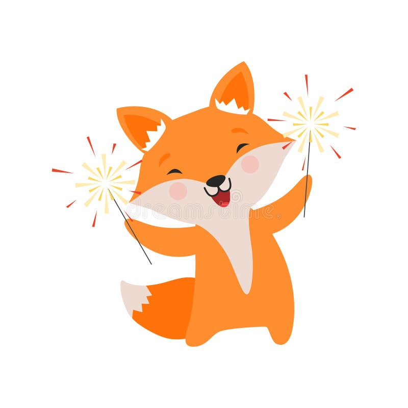 Śliczna lis odświętność z sparklers, uroczej kreskówki zwierzęcy charakter, projekta szablon może używać dla nowego roku lub ilustracji Śliczna lis odświętność z sparklers, uroczej kreskówki zwierzęcy charakter, projekta szablon może używać dla nowego roku lub ilustracji