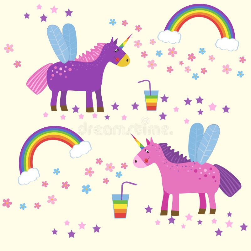 Śliczna magia z jednorożec i tęczami, dziecka ` s rysunek ilustracji Śliczna magia z jednorożec i tęczami, dziecka ` s rysunek ilustracji