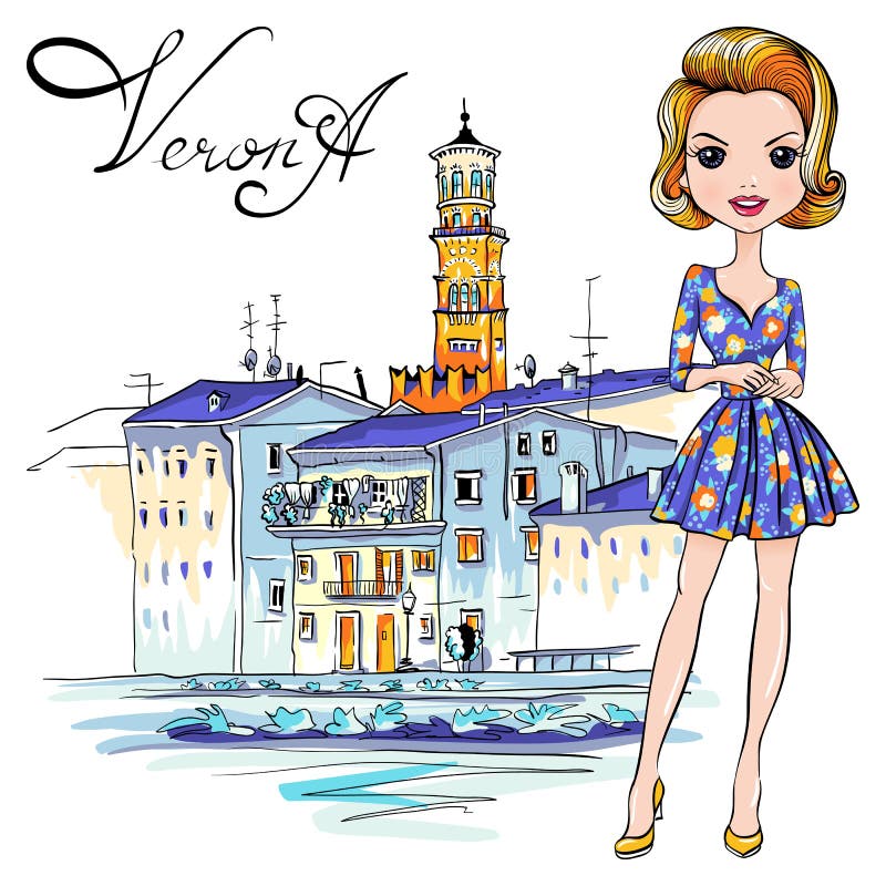 Śliczna mody dziewczyna wewnątrz w Verona, Włochy ilustracji Śliczna mody dziewczyna wewnątrz w Verona, Włochy ilustracji