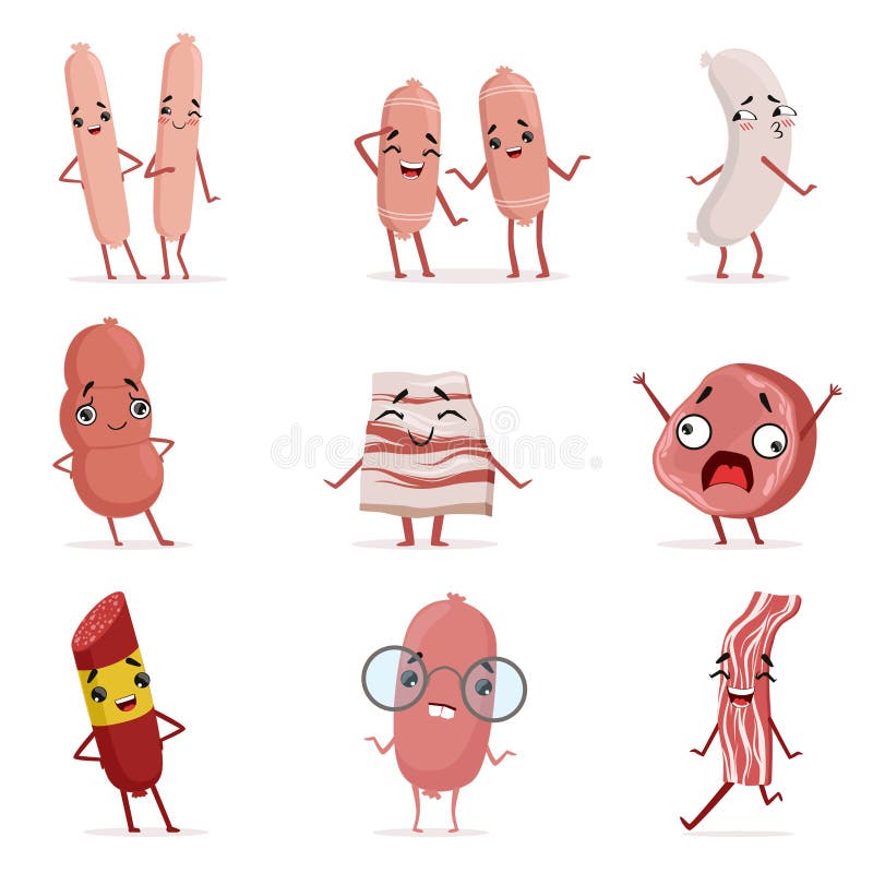 Śliczna śmieszna zhumanizowana kiełbasa, bekon, salami pokazuje różne emocje ustawiać kolorowe charakteru wektoru ilustracje ilustracja wektor Śliczna śmieszna zhumanizowana kiełbasa, bekon, salami pokazuje różne emocje ustawiać kolorowe charakteru wektoru ilustracje ilustracja wektor