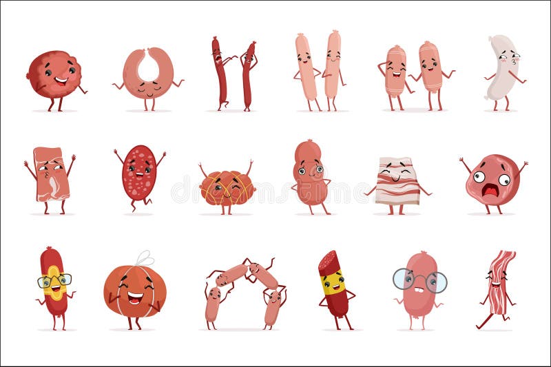 Śliczna śmieszna zhumanizowana kiełbasa pokazuje różne emocje ustawiać kolorowe charakteru wektoru ilustracje ilustracja wektor Śliczna śmieszna zhumanizowana kiełbasa pokazuje różne emocje ustawiać kolorowe charakteru wektoru ilustracje ilustracja wektor