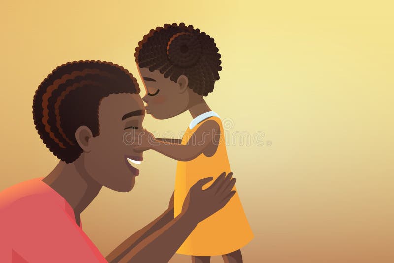 Cute little black african american daughter girl kid kisses her happy father dad cartoon vector illustration. Cute little black african american daughter girl kid kisses her happy father dad cartoon vector illustration