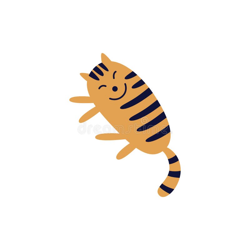 Ślicznego uśmiechniętego tabby kota czerwony lying on the beach na swój bocznym płaskim kreskówka stylu ilustracja wektor Ślicznego uśmiechniętego tabby kota czerwony lying on the beach na swój bocznym płaskim kreskówka stylu ilustracja wektor