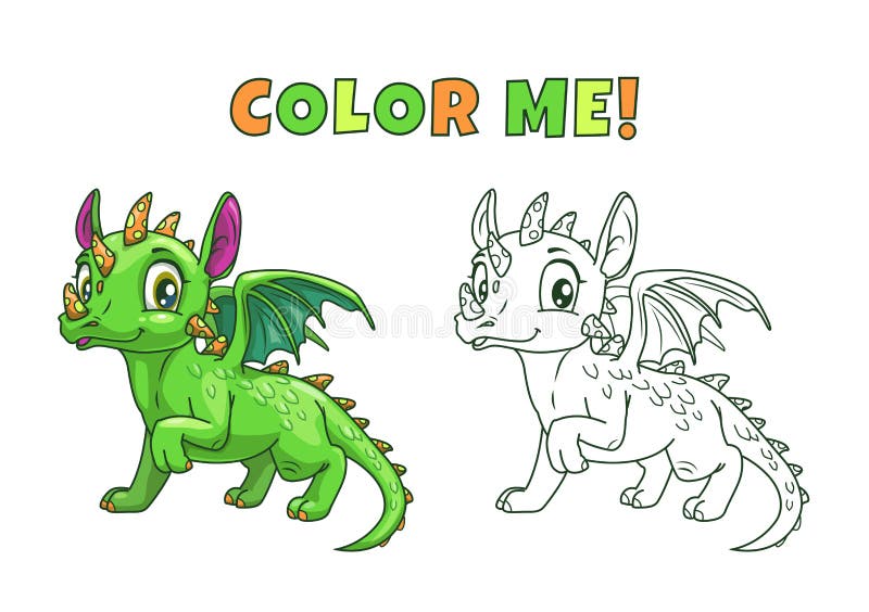 Cute cartoon green dragon, colorful and outline illustration. Vector art for kids coloring book. Cute cartoon green dragon, colorful and outline illustration. Vector art for kids coloring book.