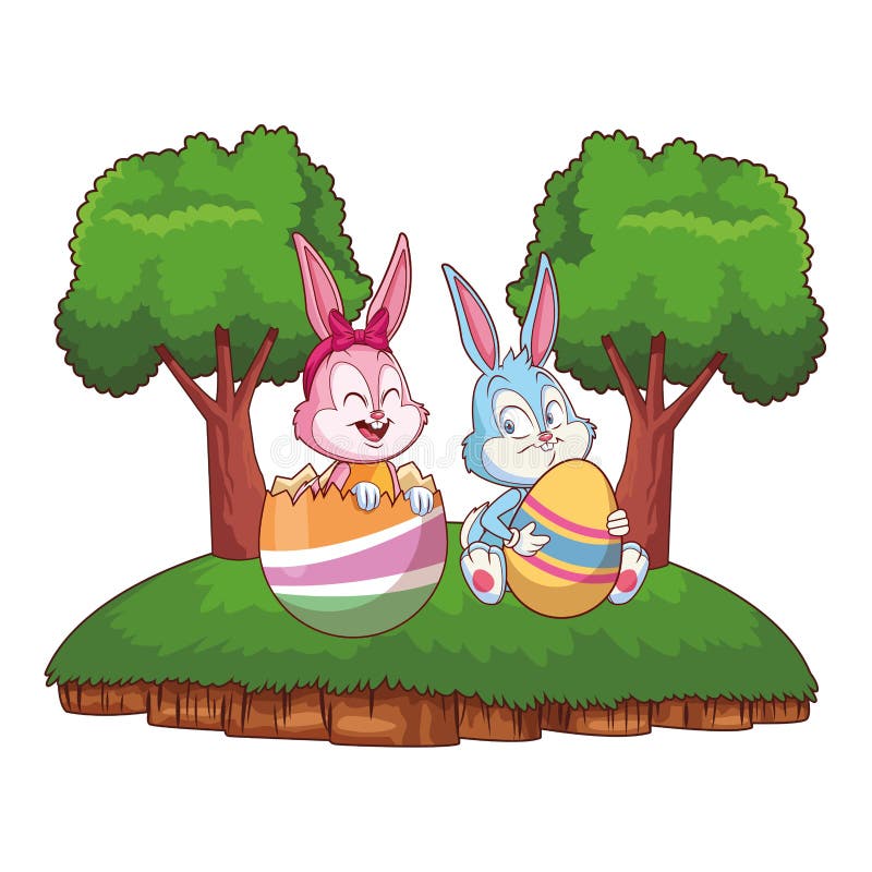 Śliczni Easter królika szczęśliwi przyjaciele pękali jajecznych natury tła ramy drzewa ilustracji Śliczni Easter królika szczęśliwi przyjaciele pękali jajecznych natury tła ramy drzewa ilustracji