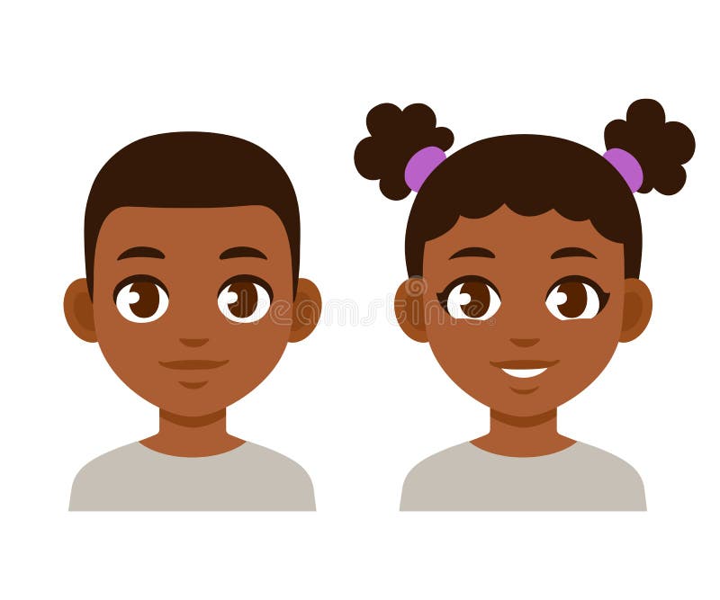 Cute cartoon black children portraits. African American boy and girl isolated vector illustration. Cute cartoon black children portraits. African American boy and girl isolated vector illustration.