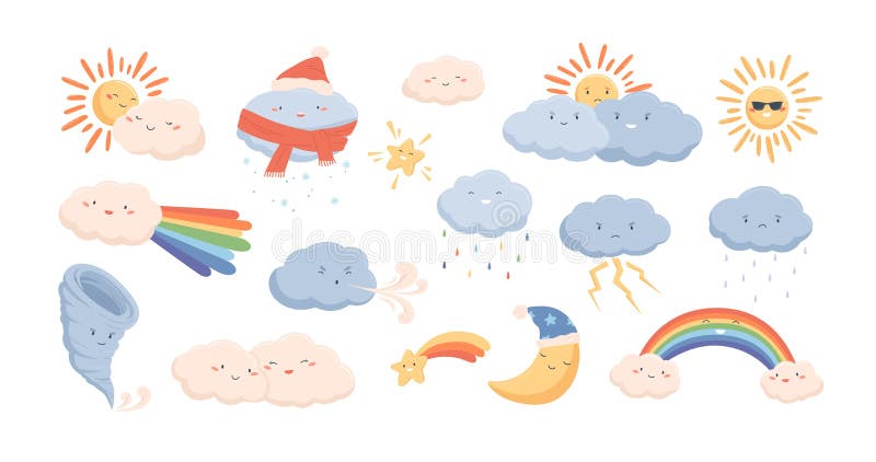 Śliczni pogodowi zjawiska chmury, wiatr, tęcza, burza, tornado, śnieg, deszcz, słońce i półksiężyc księżyc -, uroczy ilustracja wektor