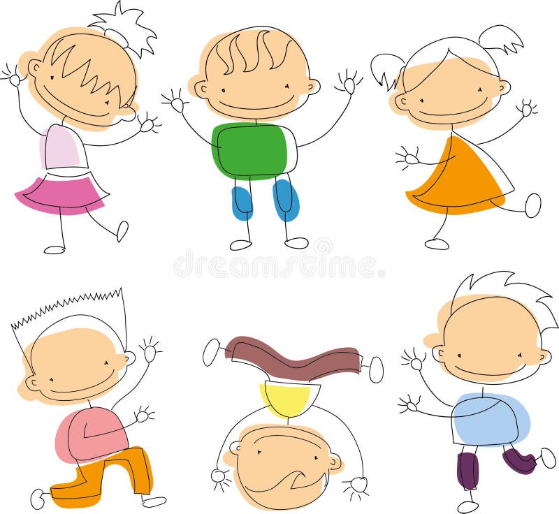 Śliczni szczęśliwi kreskówki doodle dzieciaki ilustracja wektor Śliczni szczęśliwi kreskówki doodle dzieciaki ilustracja wektor