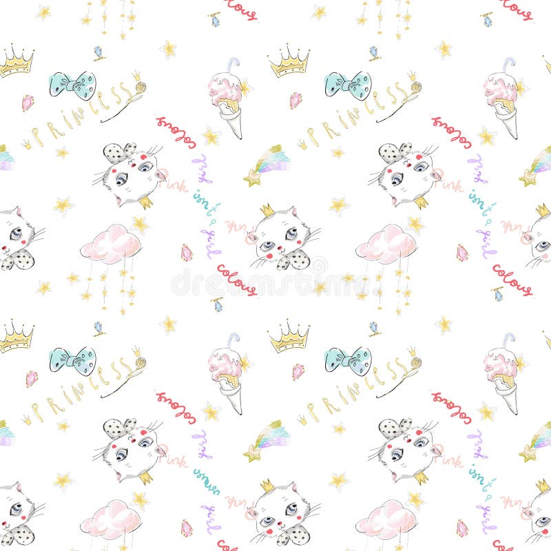 Śliczny bezszwowy wzór z kotem, koronami i lody princess, royalty ilustracja Śliczny bezszwowy wzór z kotem, koronami i lody princess, royalty ilustracja