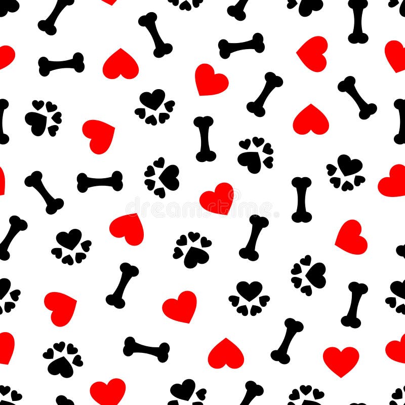 Śliczny bezszwowy wzór z psią kością, łapa drukiem i czerwieni sercem, przejrzysty tło